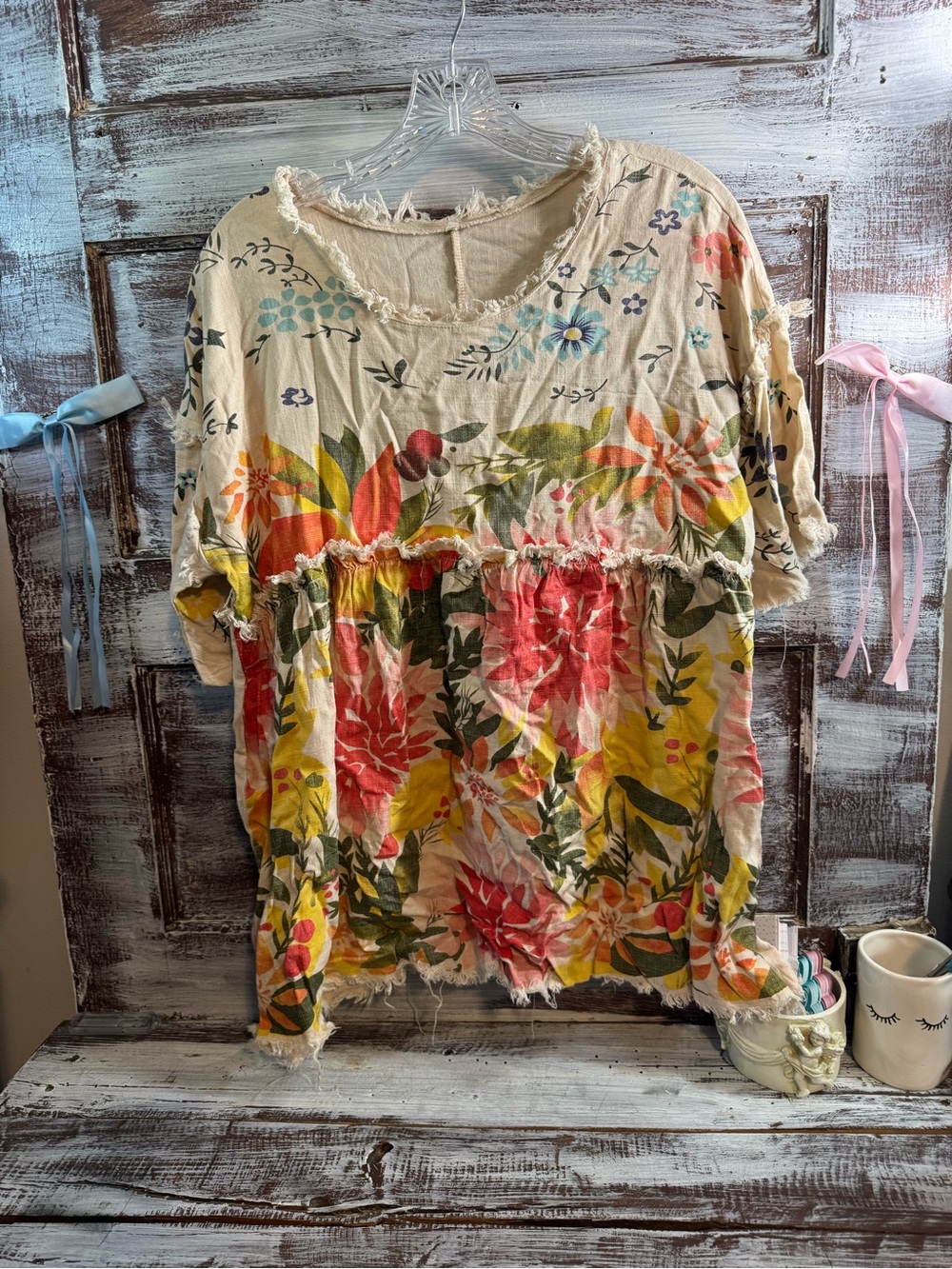 Bohemian Floral Patchwork Women's Top in Cream with Multicolor Print